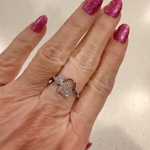 Diamond double heart ring, 14k white gold over sterling silver band, size 7